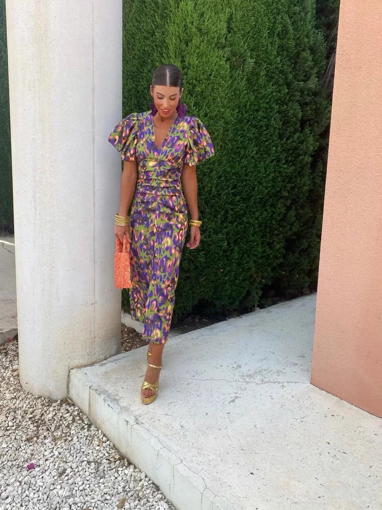 Loren™  | Vibrant Midi Dress with Puff Sleeves