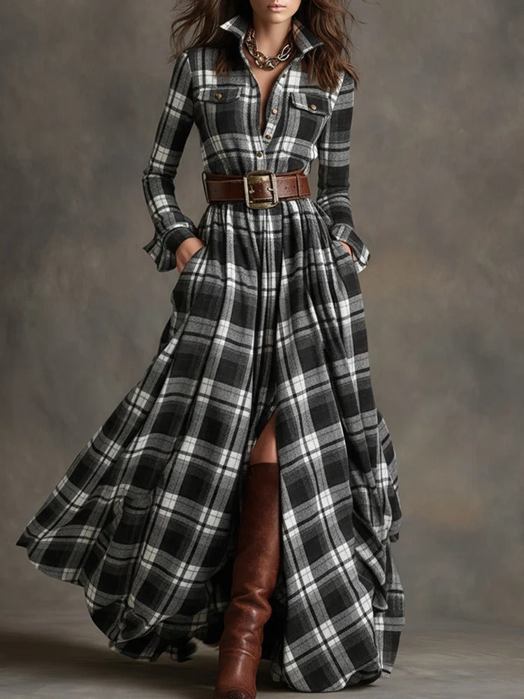 Fiona | Belted Plaid Maxi Dress