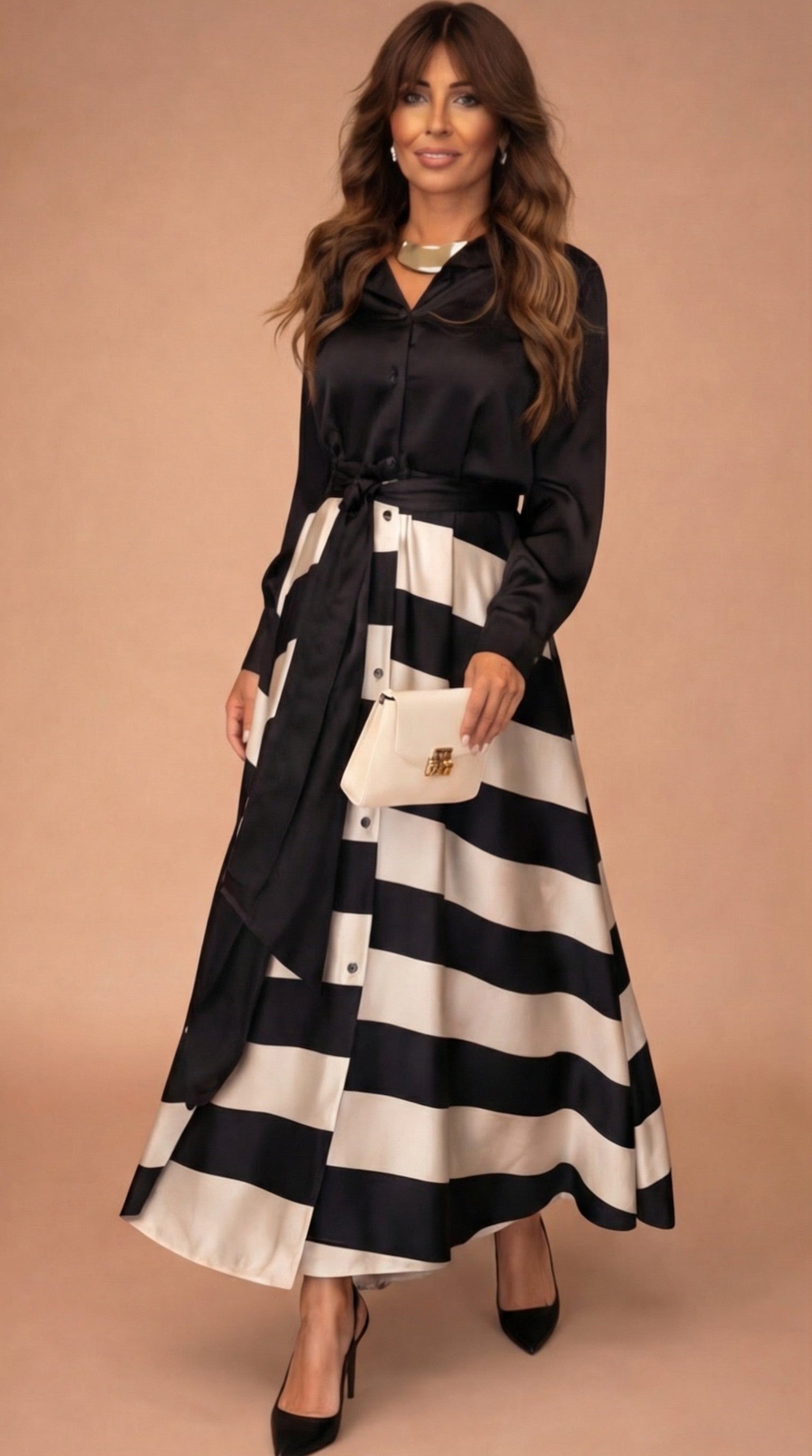 Mira™ | Striped Long Dress with Lace